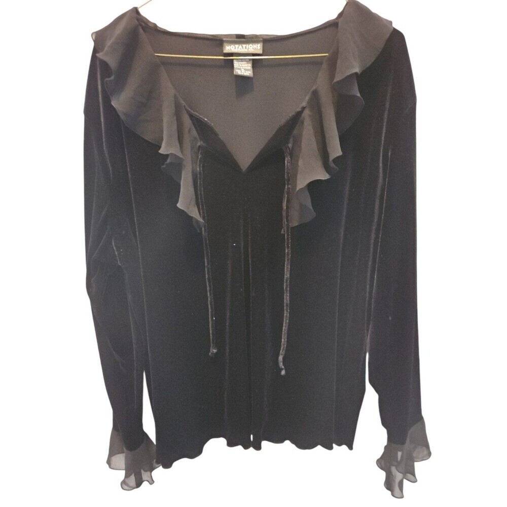 NOTATIONS XL BLACK VELVET RUFFLED NECK BLOUSE SZ Xl - Picture 3 of 8